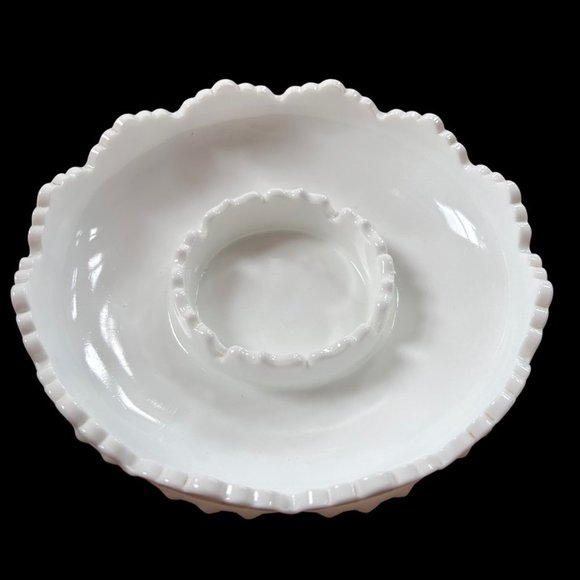 Vintage Fenton Glass Ashtray MCM White Scalloped Chip and Dip Bowl Hobnail Vtg - Picture 8 of 12